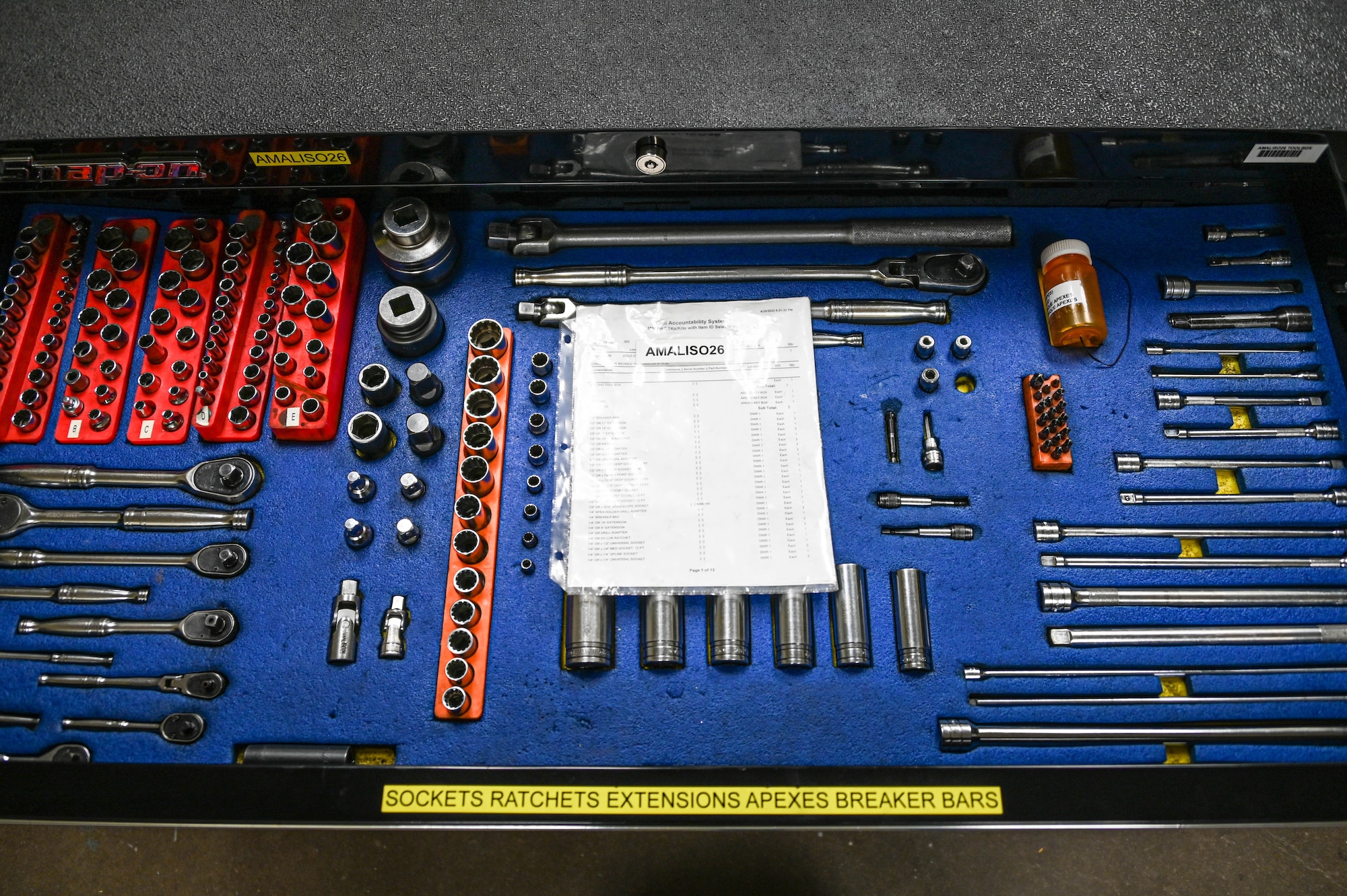 Tools are displayed properly with a checklist placed on top in a toolbox at Altus Air Force Base, Oklahoma, June 13, 2022. There can be more than 300 tools in the largest toolbox. (U.S. Air Force photo by Senior Airman Kayla Christenson)