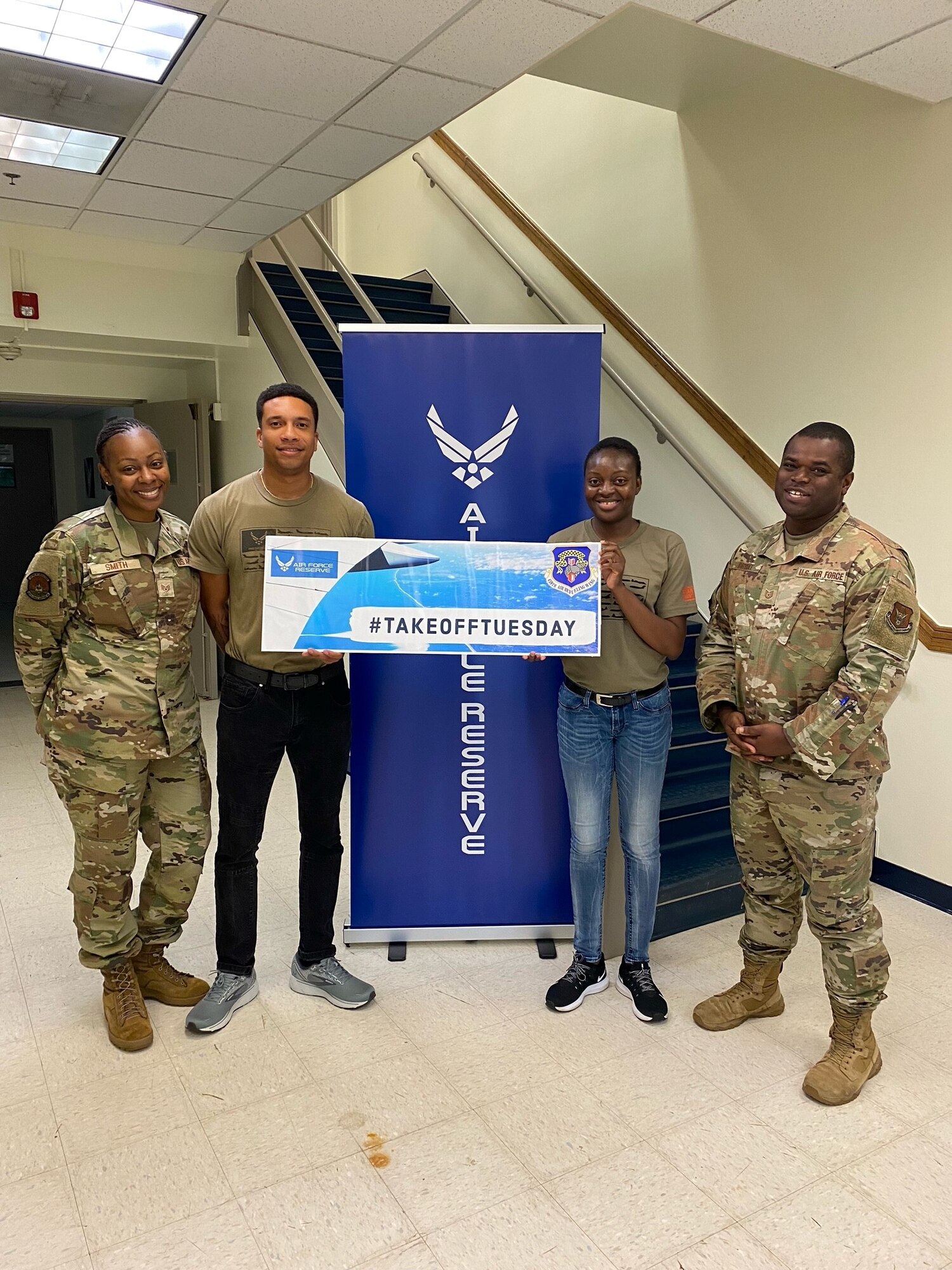 New recruits, Tevon Dennis from Henrico, Va., and Nina Gangbo from Lakeside, Va., take off for basic military training. Pictured with the recruits are Staff Sgt. Ceru Smith, 459 ARW Development & Training Flight Program Manager, and Tech Sgt. David Bryant III from the 459th Safety Office. Dennis will join the 459th Aircraft Maintenance Squadron and Gangbo will join the 459th Aeromedical Evacuation Squadron.