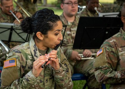 U.S. Army Staff Sgt. Nunez, members of Fort Sam’s Own 323d Army Band, performs prior to the Army’s 247th birthday celebration, held at Joint Base San Antonio-Fort Sam Houston, Texas, June 14, 2022. The Army’s annual birthday celebration highlights total force history and tradition, and commemorates the continuous commitment to defending America 24/7. (U.S. Army Photo by Spc. Andrea Kent)