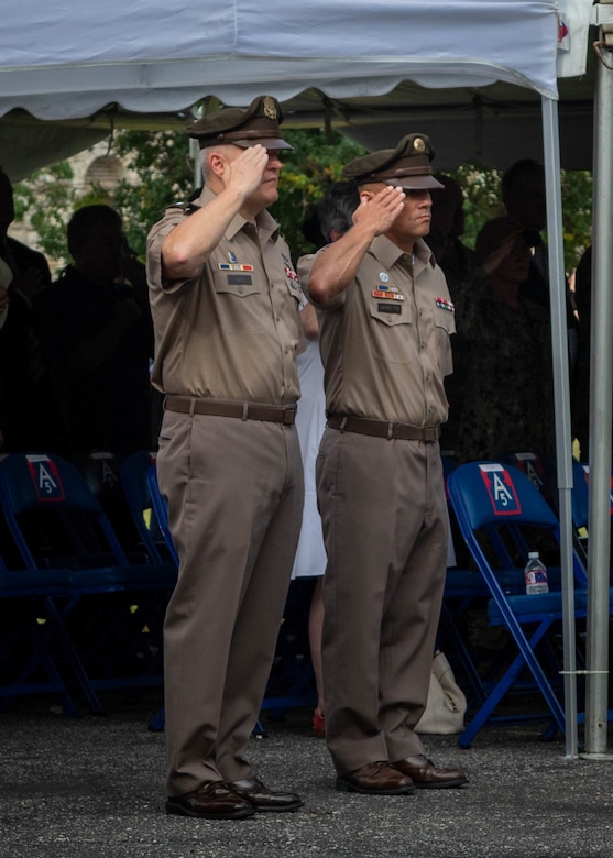 U.S. Army Lt. Gen. John R. Evans, left, commanding general of Army North, and Command Sgt. Maj. Phil K. Barretto, right, senior enlisted advisor of Army North, salutes the flag during the Army’s 247th birthday celebration, held at Joint Base San Antonio-Fort Sam Houston, Texas, June 14, 2022. The Army’s annual birthday celebration highlights total force history and tradition, and commemorates the continuous commitment to defending America 24/7. (U.S. Army Photo by Spc. Andrea Kent)