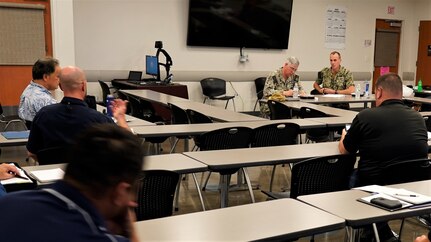 Rear Adm. Scott Brown visited Pearl Harbor Naval Shipyard and Intermediate Maintenance Facility (PHNSY & IMF) in May to review shipyard operations in his new role as the Deputy Commander for Industrial Operations, Naval Sea Systems Command (NAVSEA 04). With a focus on safety, culture and productivity at the NAVSEA 04 level, Brown set out to observe and gain insight about PHNSY & IMF functions that could help him provide better support for the shipyard’s mission. (Official U.S. Navy photo by Marc Ayalin/Released)