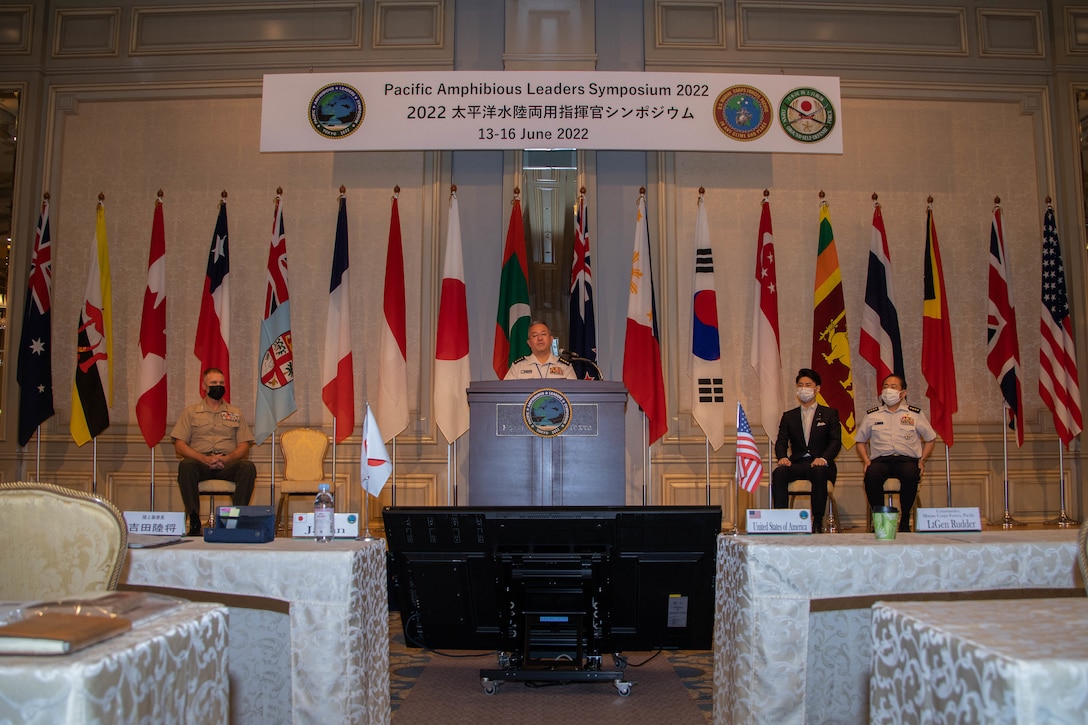 Japan Ground Self-Defense Force Gen. Yoshihide Yoshida, Chief of Staff, JGSDF, addresses attendees during the opening ceremony for the eighth iteration of the Pacific Amphibious Leaders Symposium in Tokyo, Japan, June 14, 2022. PALS was co-hosted by U.S. Marine Corps Forces, Pacific and the JGSDF in order to enhance amphibious interoperability, crisis response capabilities, and mutual friendships with senior leaders from across the Indo-Pacific. This year’s symposium brought together senior leaders from 18 participating delegations who are committed to a free and open Indo-Pacific, with the objective of strengthening and developing regional relationships. (U.S. Marine Corps photo by Lance Cpl. Haley Fourmet Gustavsen)