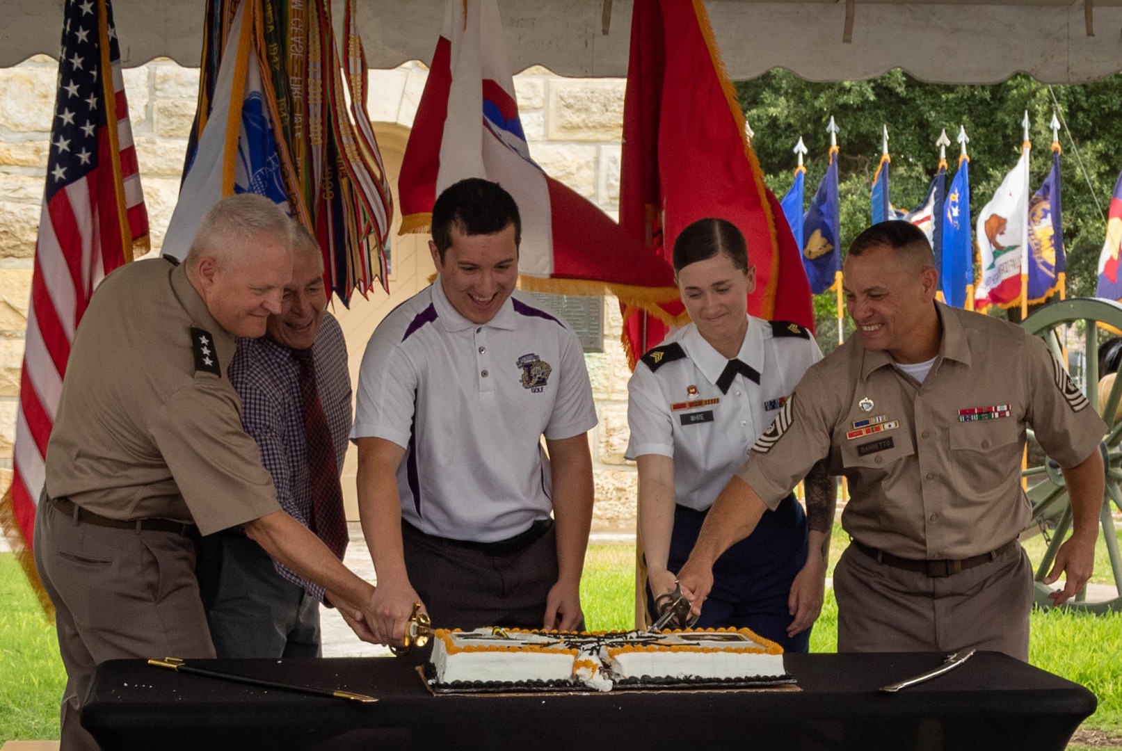 U.S. Army Lt. Gen. John R. Evans, commanding general of Army North, Command Sgt. Maj. Phil K. Barretto, senior enlisted advisor of Army North, and others cut the birthday cake during the Army’s 247th birthday celebration, held at Joint Base San Antonio-Fort Sam Houston, Texas, June 14, 2022. The Army’s annual birthday celebration highlights total force history and tradition, and commemorates the continuous commitment to defending America 24/7. (U.S. Army Photo by Spc. Andrea Kent)