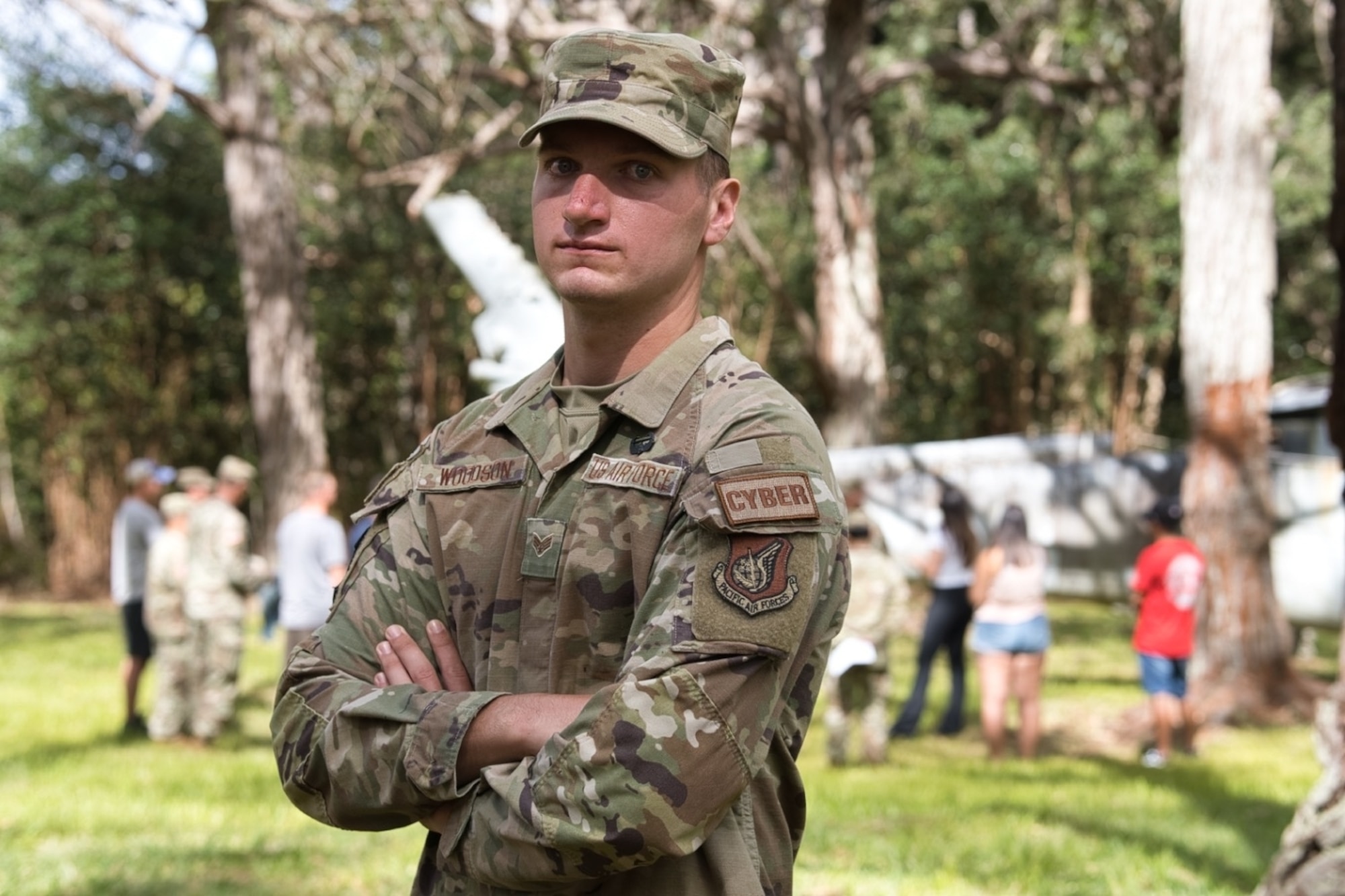 Senior Airman Caden Woodson, 747th Cyber Squadron front-end software developer, earns the Air Assault Badge after graduating Army Air Assault School at Lightning Academy, Hawaii, April 15, 2022. Completing this course as a Cyber Airman embodied the spirit of being a Multi-Capable Airman and expanded his skillset outside of his core AFSC.  (Courtesy Photo)