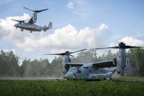 U.S. Marine Corps MV-22 Ospreys, attached to the 22nd Marine Expeditionary Unit, land in Ventspils, Latvia, during exercise BALTOPS 22, June 12, 2022.