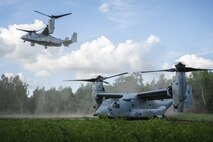 U.S. Marine Corps MV-22 Ospreys, attached to the 22nd Marine Expeditionary Unit, land in Ventspils, Latvia, during exercise BALTOPS 22, June 12, 2022.