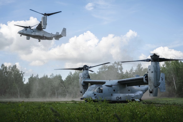 U.S. Marine Corps MV-22 Ospreys, attached to the 22nd Marine Expeditionary Unit, land in Ventspils, Latvia, during exercise BALTOPS 22, June 12, 2022.