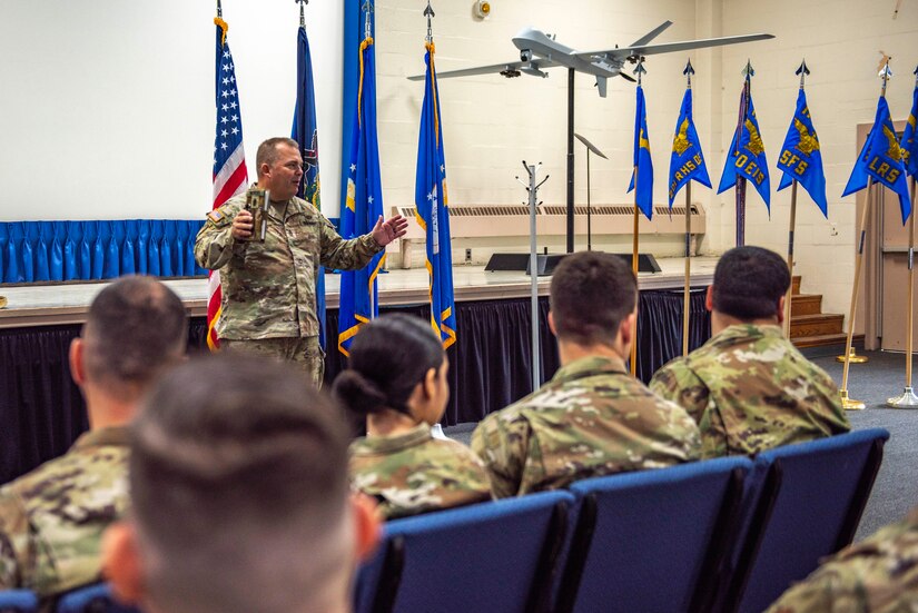 Pennsylvania National Guard Senior Enlisted Leader Command Sgt. Maj. Jon Worley speaks with the 111th Attack Wing's Student Flight on June 11, 2022 at Biddle ANG Base, Horsham, Pennsylvania. During the visit with these newly enlisted Airmen, Worley spoke about the importance of their service. The Student Flight is a program designed to help new, non-prior service enlistees become better prepared for basic training, making the transition from civilians into the Air National Guard a little easier. (U.S. Air National Guard photo by Tech Sgt. Ross A. Whitley)