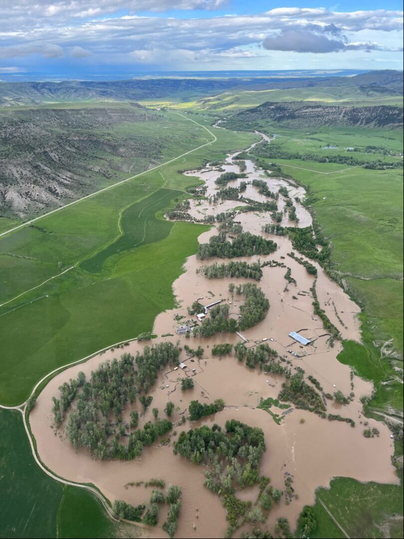 An aerial view of flooding in South Central Montana from a Montana National Guard helicopter. Guard aircrews rescued at least a dozen people June 13-14, 2022.