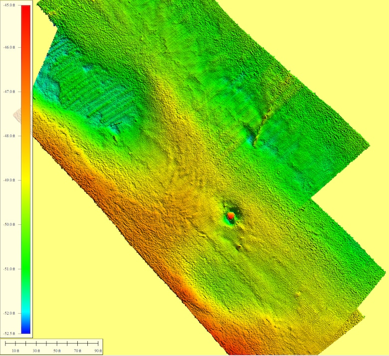 A 3-D rendering of multi-beam sonar survey data depicts an anomaly, most likely a concrete structure, sitting on the bottom of the Savannah River.