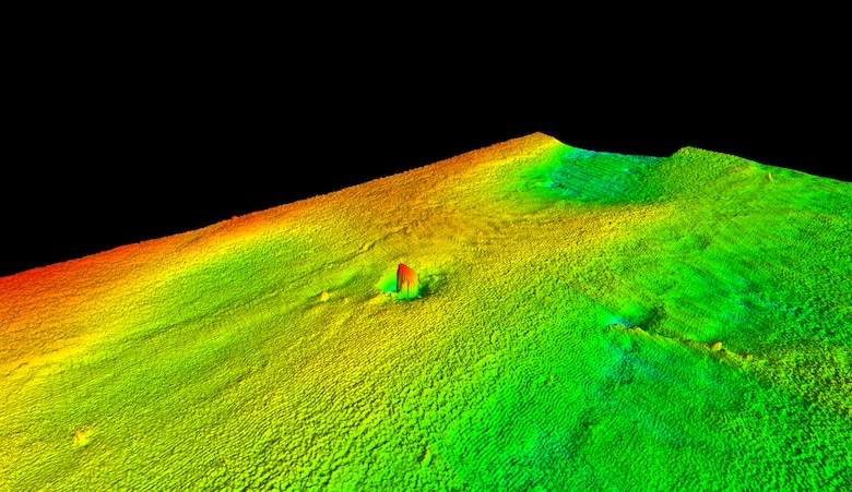 A 3-D rendering of multi-beam sonar survey data depicts an anomaly, most likely a concrete structure, sitting on the bottom of the Savannah River.