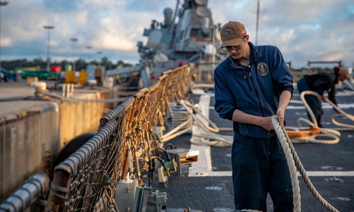 (June 1, 2022) The Arleigh Burke-class guided-missile destroyer USS Arleigh Burke (DDG 51) departs Naval Station Rota, Spain, June 1, 2021. Arleigh Burke, forward-deployed to Rota, Spain, is on a scheduled deployment in the U.S. Naval Forces Europe area of operations, employed by U.S. Sixth Fleet, to defend U.S., allied and partner interests.