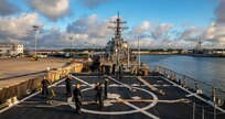 (June 1, 2022) The Arleigh Burke-class guided-missile destroyer USS Arleigh Burke (DDG 51) departs Naval Station Rota, Spain, June 1, 2021. Arleigh Burke, forward-deployed to Rota, Spain, is on a scheduled deployment in the U.S. Naval Forces Europe area of operations, employed by U.S. Sixth Fleet, to defend U.S., allied and partner interests.