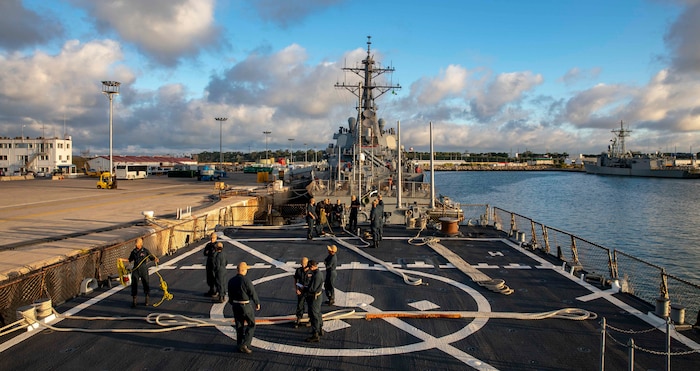 (June 1, 2022) The Arleigh Burke-class guided-missile destroyer USS Arleigh Burke (DDG 51) departs Naval Station Rota, Spain, June 1, 2021. Arleigh Burke, forward-deployed to Rota, Spain, is on a scheduled deployment in the U.S. Naval Forces Europe area of operations, employed by U.S. Sixth Fleet, to defend U.S., allied and partner interests.