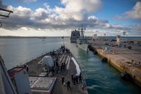(June 1, 2022) The Arleigh Burke-class guided-missile destroyer USS Arleigh Burke (DDG 51) departs Naval Station Rota, Spain, June 1, 2021. Arleigh Burke, forward-deployed to Rota, Spain, is on a scheduled deployment in the U.S. Naval Forces Europe area of operations, employed by U.S. Sixth Fleet, to defend U.S., allied and partner interests.