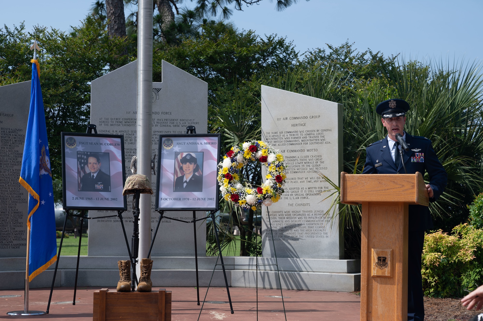 U.S. Air Force Lt. Col. Adam Schmidt, commander of the 15th Special Operations Squadron, gives a speech during a ceremony marking the 20th anniversary of Chariot 55 at Hurlburt Field, Florida, June 10, 2022.