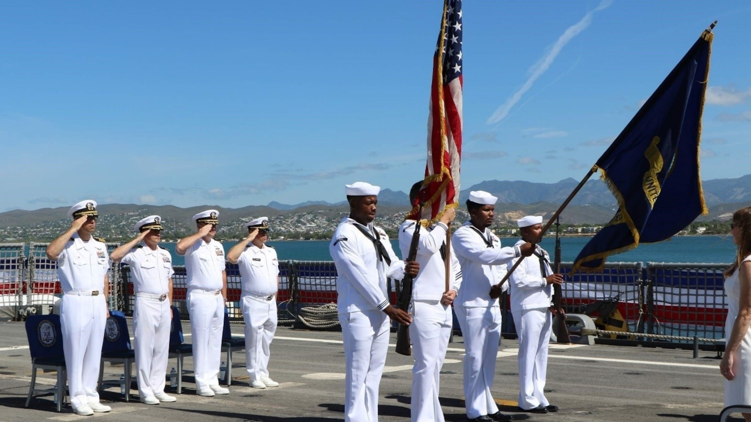 The color guard parades the colors during a change of command ceremony aboard the Freedom-variant littoral combat ship USS Wichita (LCS 13) as Cmdr. Eric Meyers relieves Cmdr. Daniel Reiher as commanding officer in Ponce, Puerto Rico, June 10, 2022. Wichita is in the U.S. 4th Fleet operating area (OPAREA) in support of the Joint Interagency Task Force-South’s counter-narcotics mission.