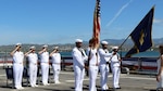 The color guard parades the colors during a change of command ceremony aboard the Freedom-variant littoral combat ship USS Wichita (LCS 13) as Cmdr. Eric Meyers relieves Cmdr. Daniel Reiher as commanding officer in Ponce, Puerto Rico, June 10, 2022. Wichita is in the U.S. 4th Fleet operating area (OPAREA) in support of the Joint Interagency Task Force-South’s counter-narcotics mission.