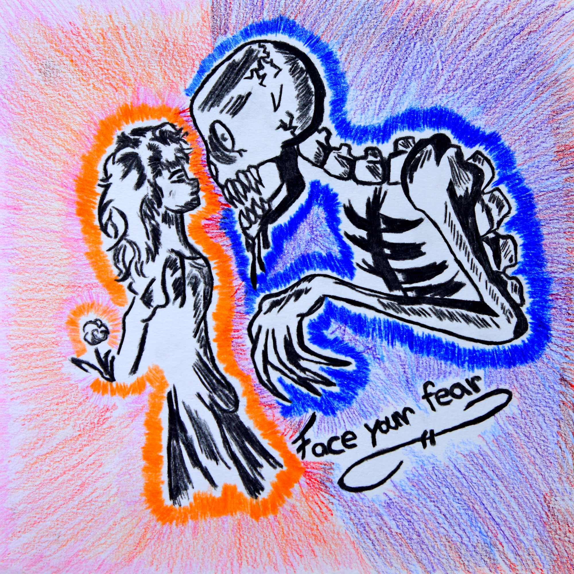 Woman facing skeleton