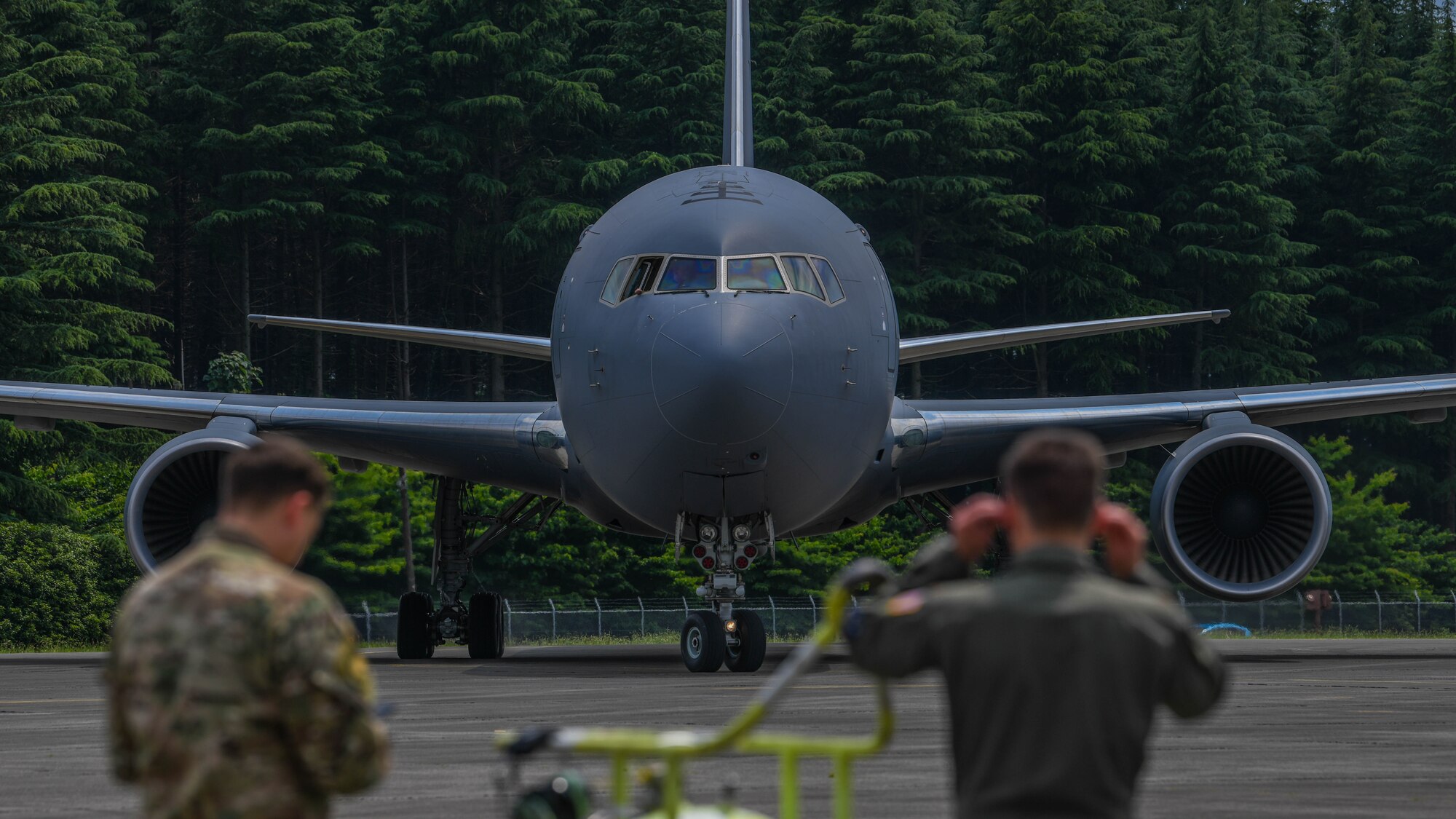 A KC-46A Pegasus taxis on a flightline