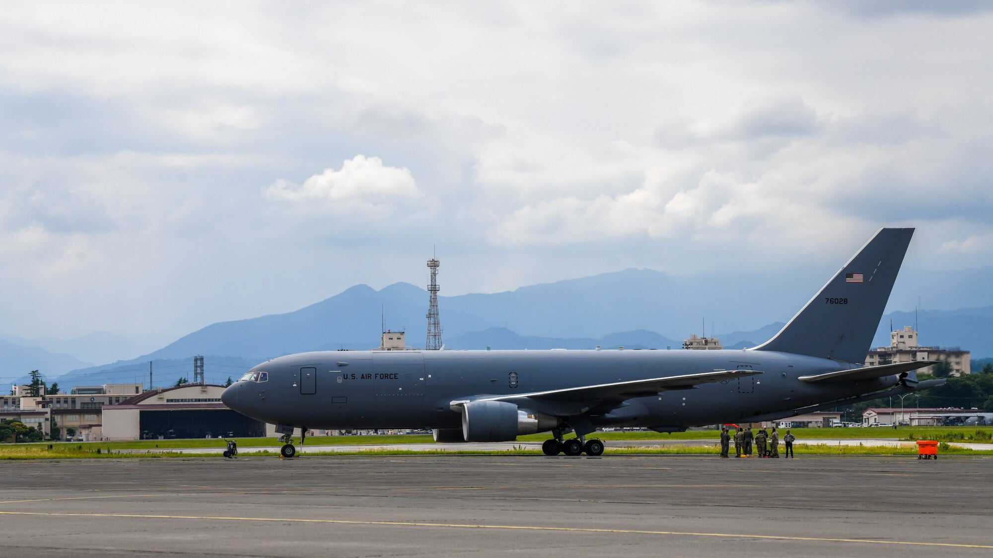 A KC-46A Pegasus sits on an aircraft ramp