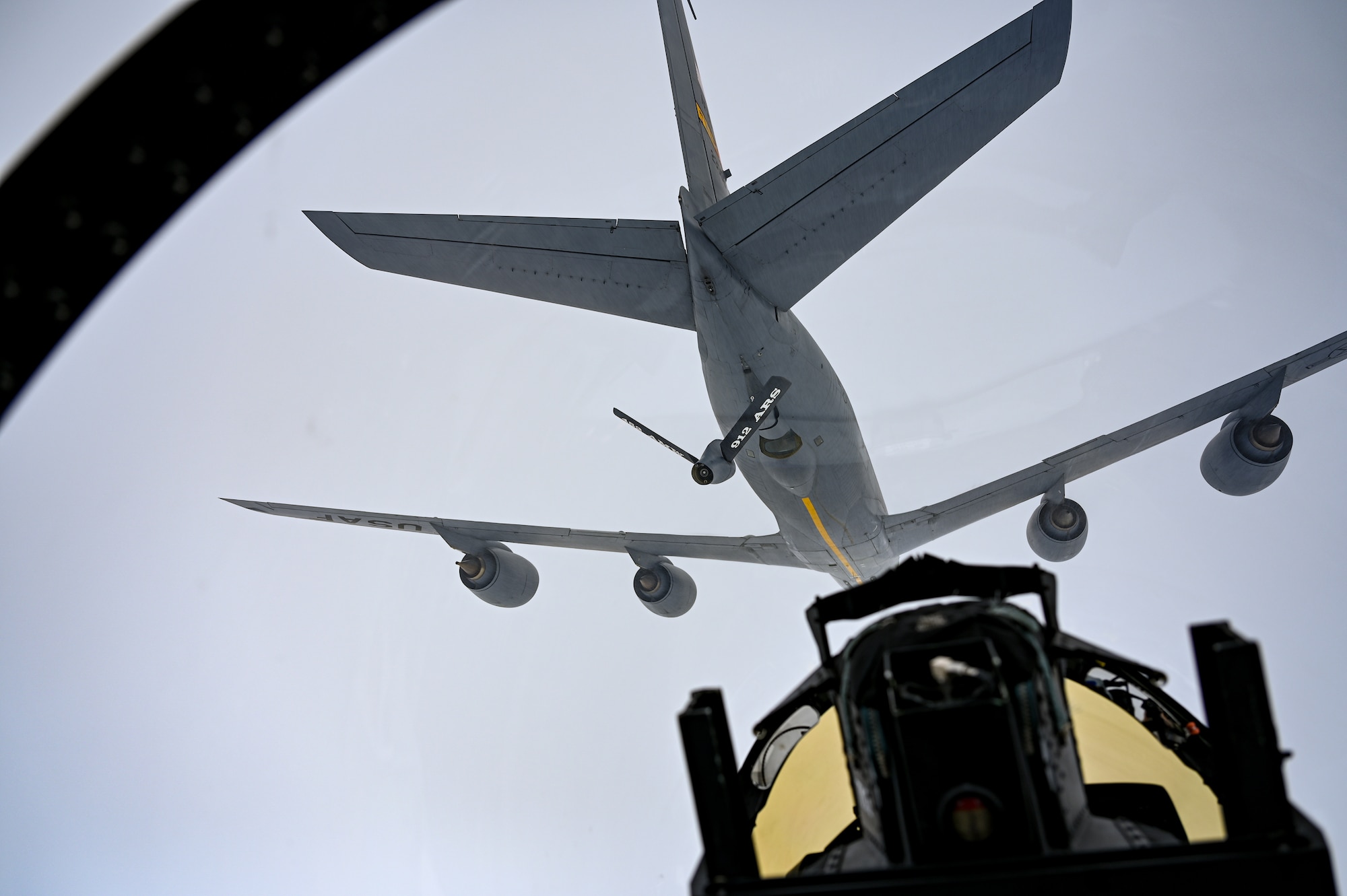 Photo of a U.S. Air Force KC-135 Stratotanker refueling an F-15 Eagle.