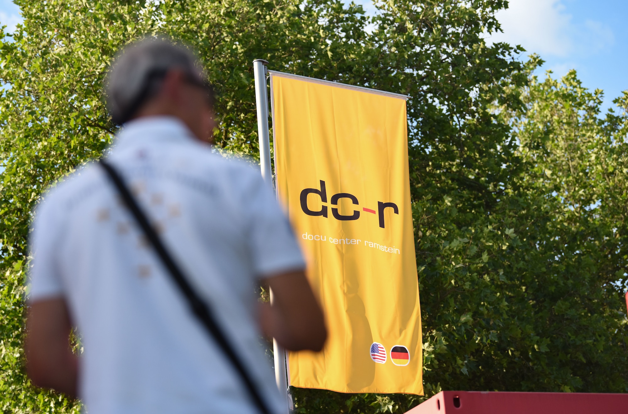 A flag depicting the Docu Center Ramstein logo is displayed at the center in Ramstein-Miesenbach, Germany, June 15, 2022.