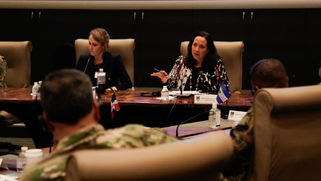 Amb. Jean Manes, U.S. Southern Command’s Civilian Deputy to the Commander, speaks during a panel of senior Department of Defense leaders who discussed the Women, Peace and Security initiative during the U.S. Southern Command Senior Leader Logistics Symposium at the command headquarters.