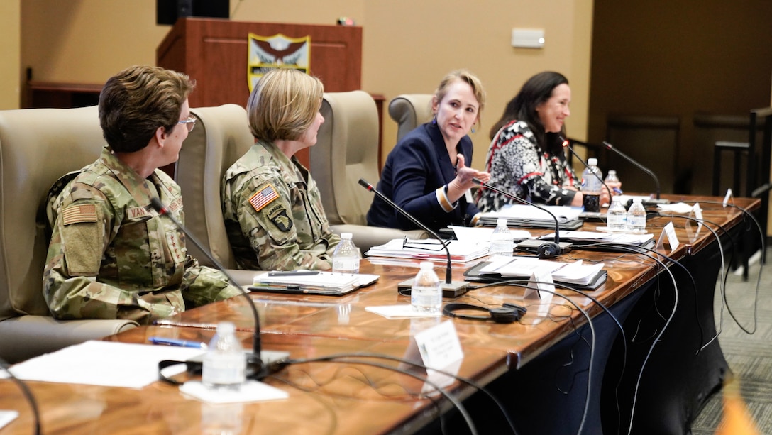 The President of the Defense Security Cooperation University, Dr. Celeste Ward Gventer, speaks during a panel of senior Department of Defense leaders who discussed the Women, Peace and Security initiative.