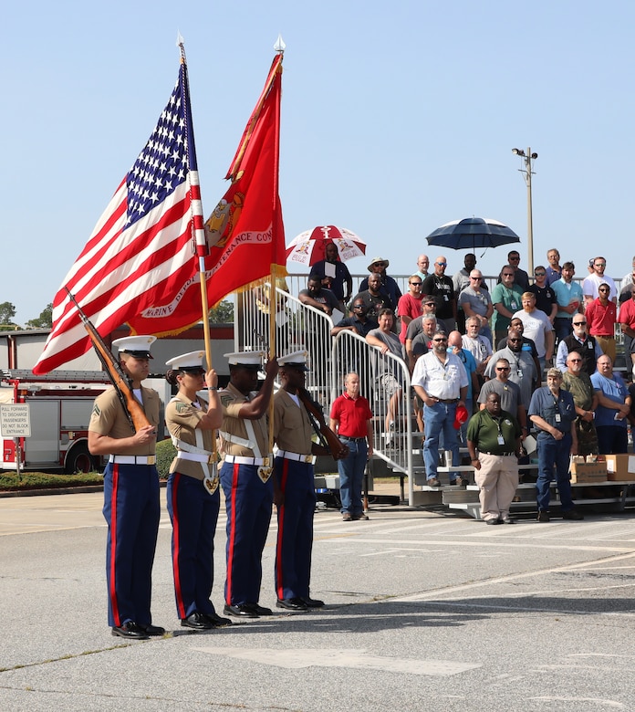 Marine Depot Maintenance Command’s (MDMC) color guard presents the colors during a change of command ceremony held at MDMC’s Production Plant Albany on Marine Corps Logistics Base Albany, Ga., June 15.