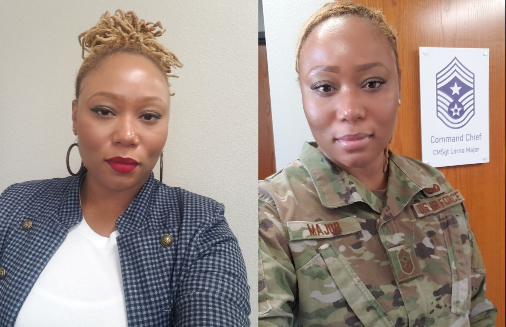 DSD Resource Analyst L. Elaine “DT1” Major in her DLA Disposition Services work cloths and in her USAF uniform.