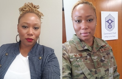 DSD Resource Analyst L. Elaine “DT1” Major in her DLA Disposition Services work cloths and in her USAF uniform.