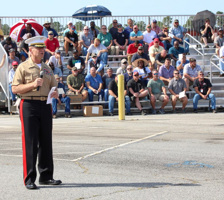 Maj Gen Joseph F. Shrader, Commanding General, Marine Corps Logistics Command, addresses the attending Marines, civilian-Marines and dignitaries during Marine Depot Maintenance command's change of command ceremony held at MDMC's Production Plant Albany on Marine Corps Logistics Base Albany, Ga., June 15.