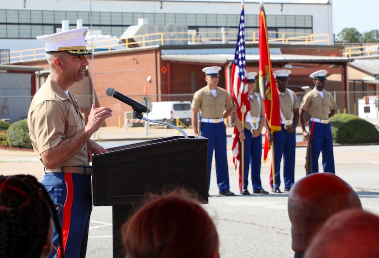 Col. Kirk M. Spangenberg assumes command of Marine Depot Maintenance Command (MDMC) from Col. Wilfred Rivera during a change of command ceremony held at MDMC’s Production Plant Albany on Marine Corps Logistics Base Albany, Ga., June 15.