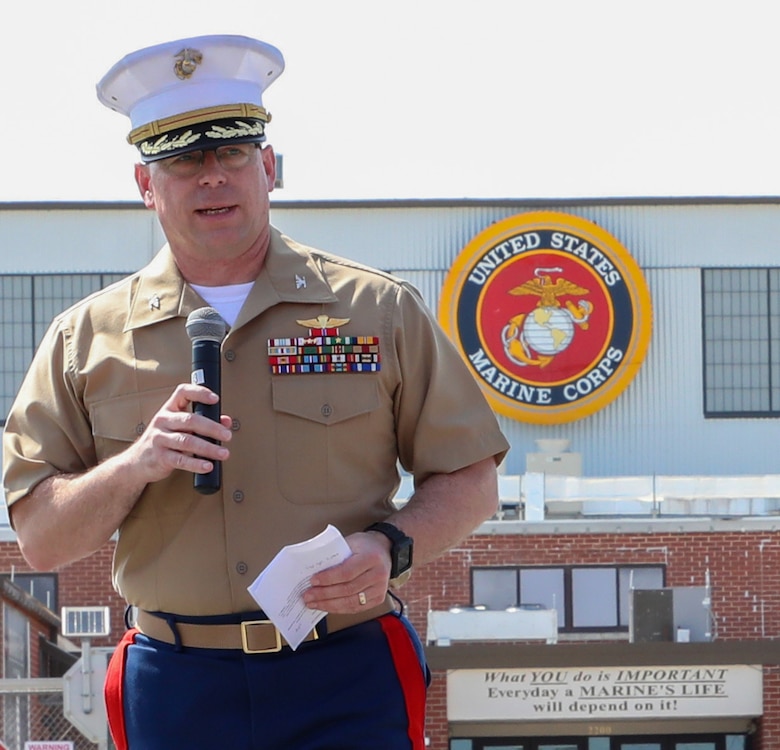 Col. Kirk M. Spangenberg assumes command of Marine Depot Maintenance Command (MDMC) from Col. Wilfred Rivera during a change of command ceremony held at MDMC’s Production Plant Albany on Marine Corps Logistics Base Albany, Ga., June 15.