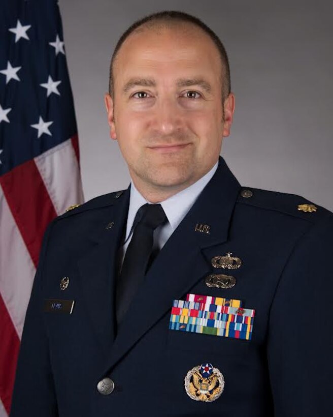 Official headshot of Maj. Justin Lewis, service dress, official photo