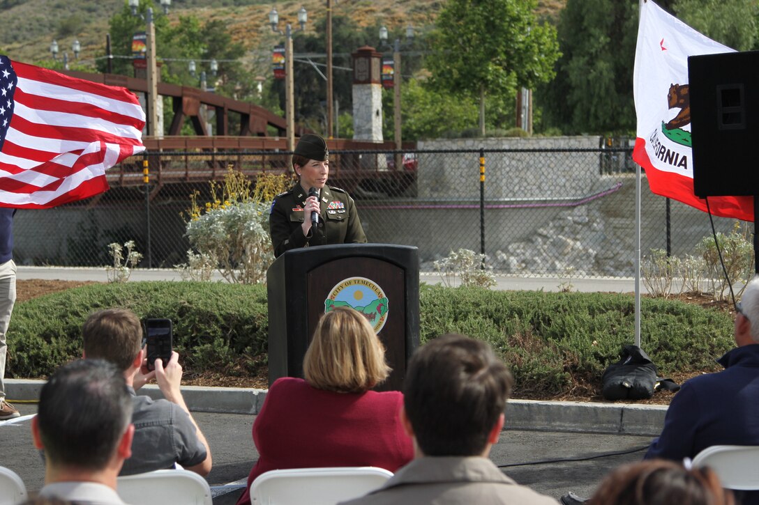 Col. Julie A. Balten, commander, U.S. Army Corps of Engineers Los Angeles District, speaks during the May 27 ribbon cutting and grand opening of the Old Town Creek Walk in Temecula, California. The Corps worked with the City of Temecula and the Riverside County Flood Control and Water Conservation District on the trail, which is part of a larger multi-purpose, multi-phase, flood-risk reduction and environmental-restoration project, along more than seven miles of Murrieta Creek.