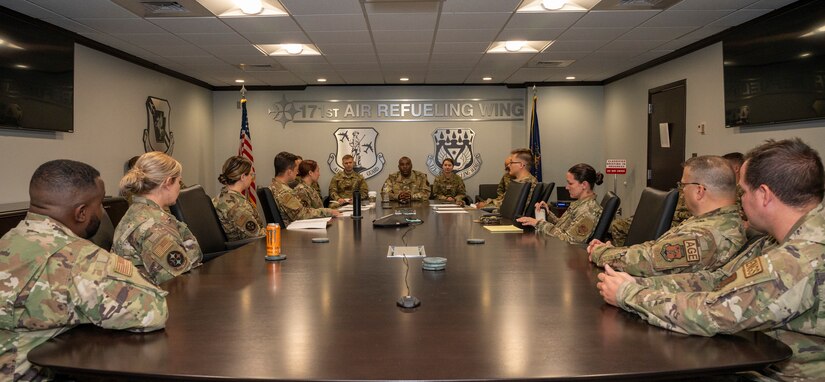 U.S. Air Force Chief Master Sgt. Maurice L. Williams, command chief, Air National Guard, talks with the Rising Six Council at the 171st Air Refueling Wing, Pennsylvania National Guard, June 11, 2022, near Pittsburgh, Pennsylvania. Williams is visiting Air National Guard bases around the country ensuring the voices of the enlisted force are heard. (U.S. Air National Guard photo by Staff Sgt. Zoe M. Wockenfuss)