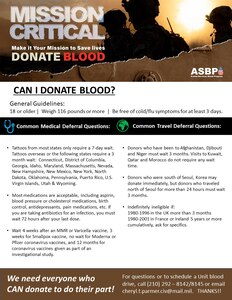 The need for blood is urgent! This is your chance to save the life of a military member. The Armed Services Blood Program is in need of all blood types.