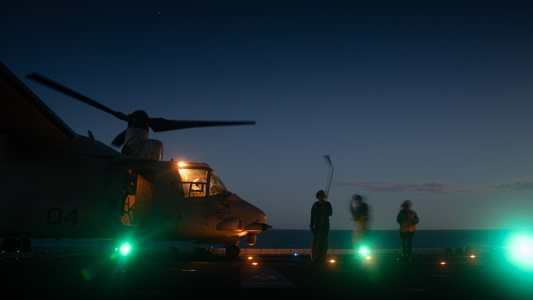 220612-N-TP544-1002 BALTIC SEA (June 12, 2022) – An MV-22 Osprey, attached to the 22nd Marine Expeditionary Unit, prepares for flight operations aboard the Wasp-class amphibious assault ship USS Kearsarge (LHD 3) during exercise BALTOPS 22, June 12, 2022. BALTOPS 22 is the premier maritime-focused exercise in the Baltic Region. The exercise, led by U.S. Naval Forces Europe-Africa, and executed by Naval Striking and Support Forces NATO, provides a unique training opportunity to strengthen combined response capabilities critical to preserving freedom of navigation and security in the Baltic Sea. (U.S. Navy photo by Mass Communication Specialist 3rd Class Taylor Parker)