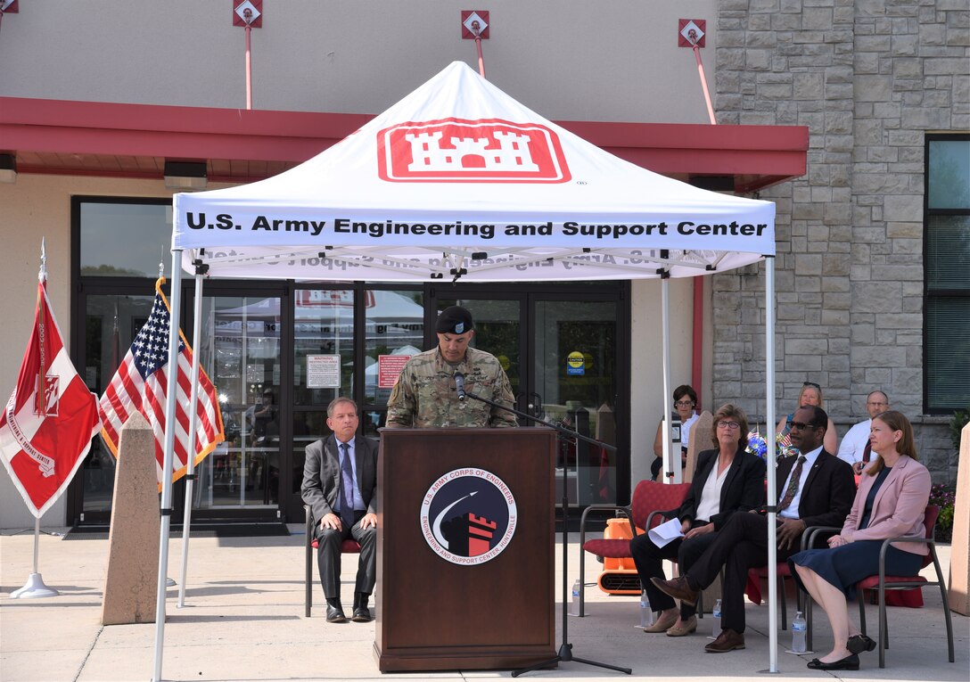 Col. Sebastien P. Joly, Huntsville Center commander, welcomes attendees to the award ceremony June 15. (Photo by Elizabeth Canfil)