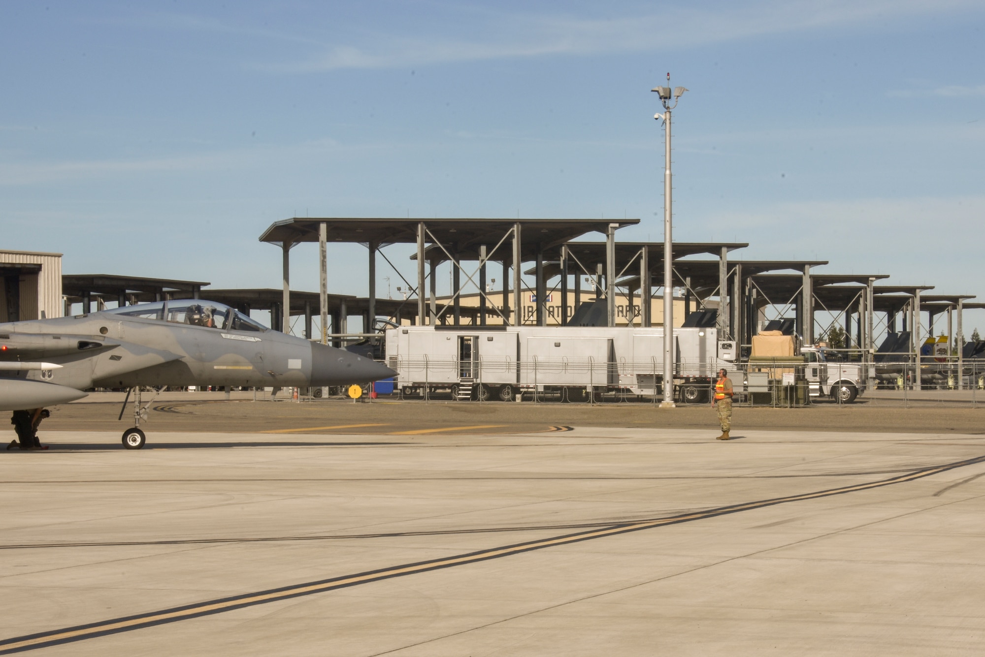 An adaptive basing trailer, which is a one-of a kind prototype that was developed by Airmen from the 144th Fighter Wing, is parked on the flightline at the Fresno Air National Guard while conducting operational proof-of-concept tests to launch and recovery F-15C Eagles, June 9, 2022.