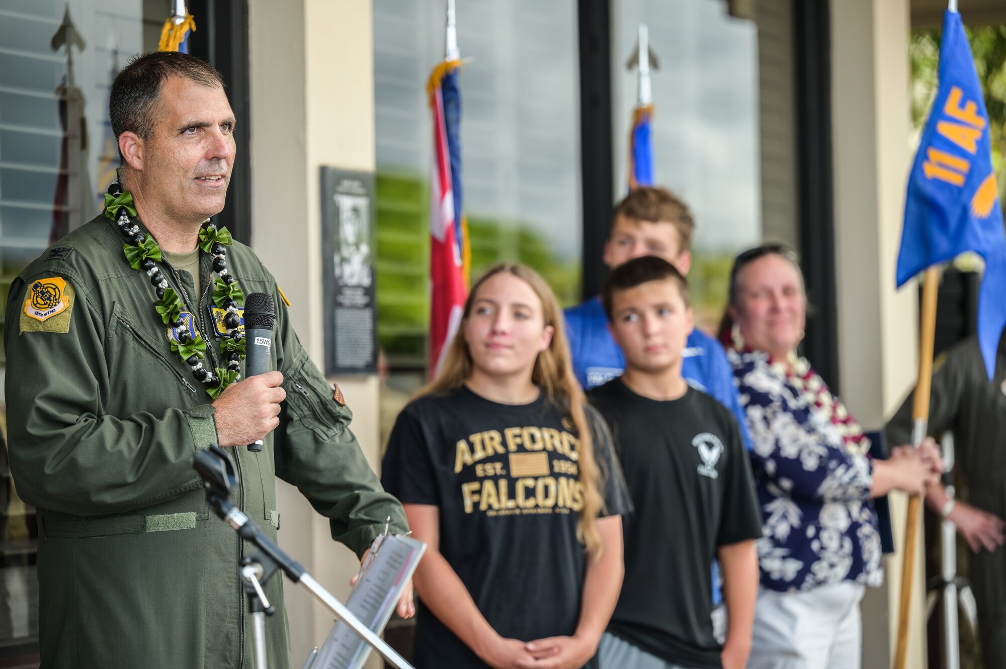 Col. Daniel Dobbels, 15th Wing commander, thanks 15 WG team members during his retirement ceremony on Hickam Field at Joint Base Pearl Harbor-Hickam, Hawaii, June 15, 2022. Dobbels, who joined the Air Force in 1998, plans to retire after having served as the wing commander since 2018. (U.S. Air Force photo by Staff Sgt. Alan Ricker)
