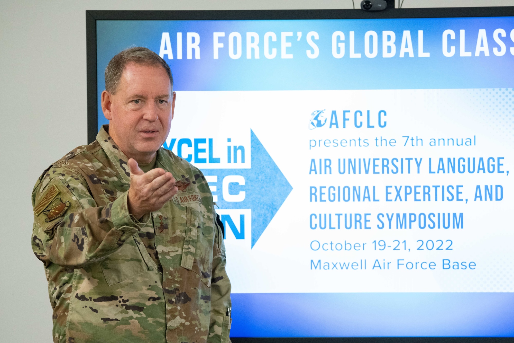 Air University Commander and President Lt. Gen. James Hecker discusses the importance and relevance of language and culture in maintaining national and international security in the cyber domain with Language Enabled Airman Program scholars attending the Cyber Language Intensive Training Event, June 9, 2022, at Maxwell Air Force Base, Ala. Cyber LITE is co-sponsored by the Air Force Culture and Language Center and Air Force Cyber College for advanced language proficiency LEAP scholars who have career-related ties to cyber operations or an academic background in cyber studies. (U.S. Air Force photo by Melanie Rodgers Cox)