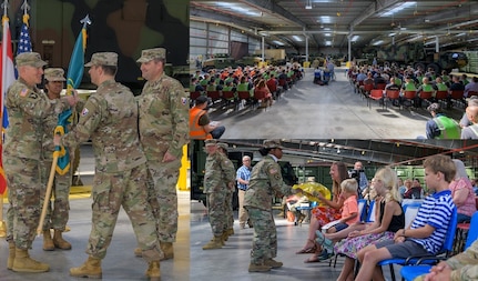 The 405th Army Field Support Brigade commander, Col. Brad Bane, passes the Army Field Support Battalion-Benelux colors to Lt. Col. Blake Smith, signifying Smith’s official appointment as commander of AFSBn-Benelux. Smith assumed command of the battalion from Lt. Col. Aaron Jones during a ceremony at the Zutendaal Army Prepositioned Stocks-2 worksite in Belgium, June 16. Katie Smith receives a bouquet of roses as a gesture of appreciation and a way of welcoming her to the battalion. (photo by Pierre-Etienne Courtejoie)