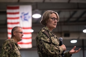 Commandant of the U.S. Coast Guard Adm. Linda Fagan speaks to Coast Guardsmen assigned to Patrol Forces Southwest Asia in Bahrain, June 15, as part of her first official visit overseas after assuming her new role as the service’s top officer.