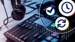 A photograph of headphones and a mixer overlayed with a checkmark, clock, and synchronizing icon.