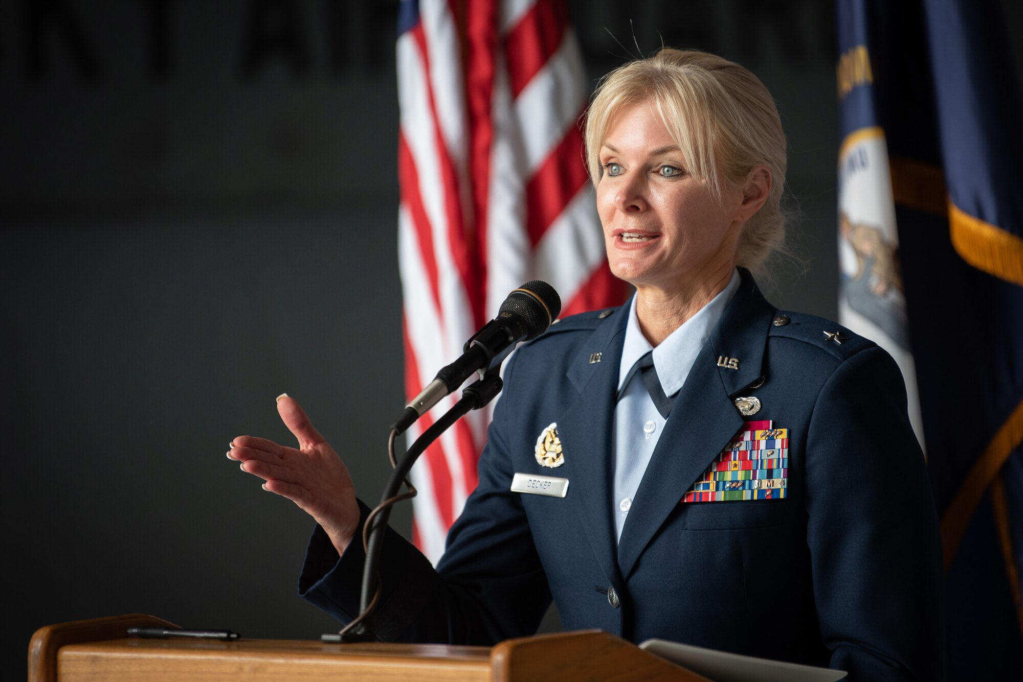 Brig. Gen. Mary S. Decker, chief of staff for Joint Force Headquarters — Air, Kentucky National Guard, speaks to the audience during her promotion ceremony June 11, 2022, at the Kentucky Air National Guard Base in Louisville, Ky. Decker joined the Air Force in 1987 as an airman basic. (U.S. Air National Guard photo by Dale Greer)