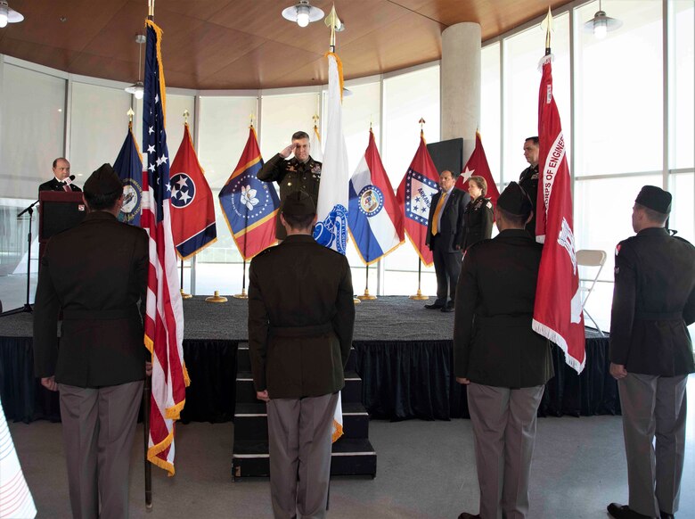 The Memphis District officially said farewell to Commander Col. Zachary Miller during a Relinquishment of Command Ceremony yesterday, June 16, 2022. At 10 a.m. on Thursday, June 16, several district employees travelled to Beale Street Landing in downtown Memphis. Mississippi Valley Division Commander Maj. Gen. Diana Holland presided over a Relinquishment of Command Ceremony, where District Commander Col. Zachary Miller relinquished command of the Memphis District to Deputy District Commander Lt. Col. Robert Green. (USACE photo by Public Affairs Specialist Jessica Haas)