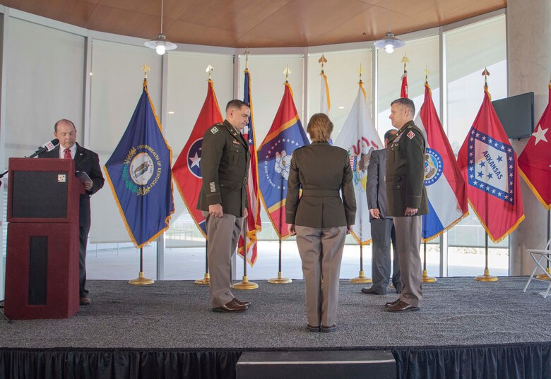 The Memphis District officially said farewell to Commander Col. Zachary Miller during a Relinquishment of Command Ceremony yesterday, June 16, 2022. At 10 a.m. on Thursday, June 16, several district employees travelled to Beale Street Landing in downtown Memphis. Mississippi Valley Division Commander Maj. Gen. Diana Holland presided over a Relinquishment of Command Ceremony, where District Commander Col. Zachary Miller relinquished command of the Memphis District to Deputy District Commander Lt. Col. Robert Green. (USACE photo by Public Affairs Specialist Jessica Haas)